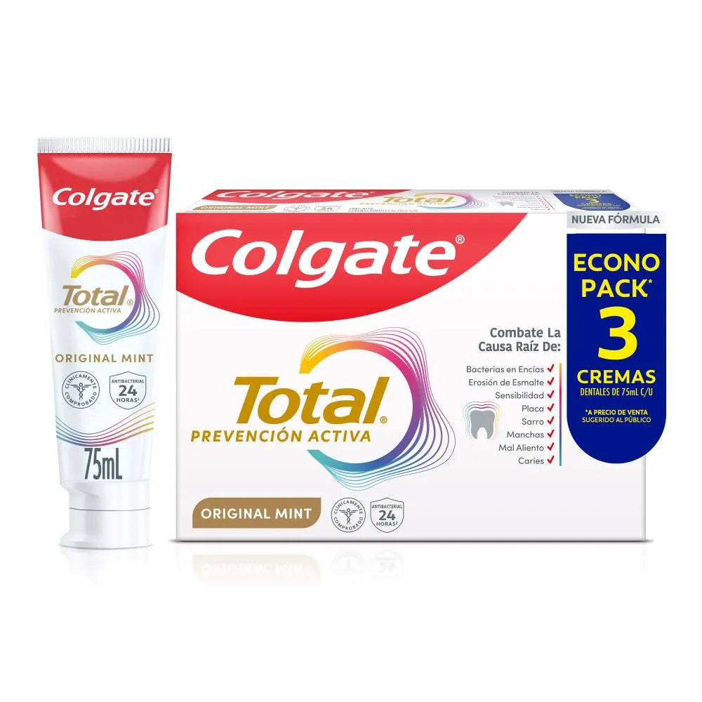 CREMA DENTAL COLGATE TOTAL ORIGINAL MINT 75 G — ECO PACK X 3 UNIDADES