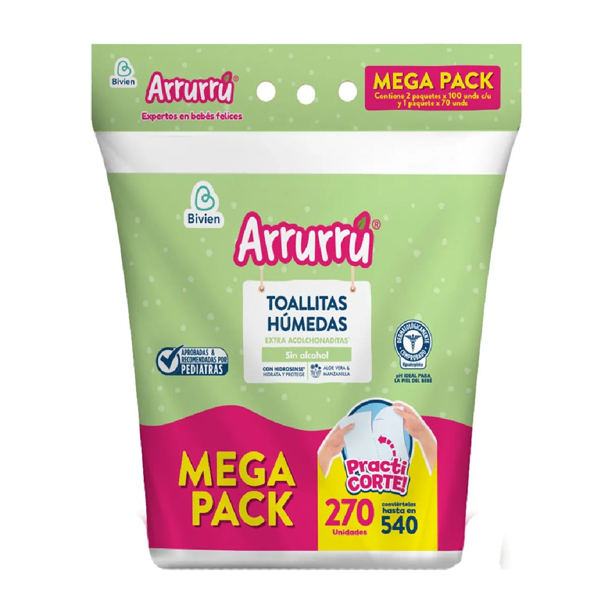 PAÑITOS HÚMEDOS ARRURRÚ EXTRA ACOLCHADOS CON ALOE Y MANZANILLA X 270 UNIDADES