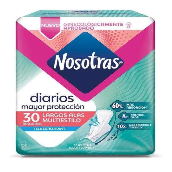 PROTECTORES DIARIOS NOSOTRAS LARGOS CON ALAS MULTIESTILO X 30 UNIDADES