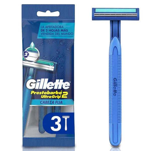 MÁQUINA DE AFEITAR GILLETTE PRESTOBARBA ULTRAGRIP 2 — CABEZA FIJA X 3 UNIDADES